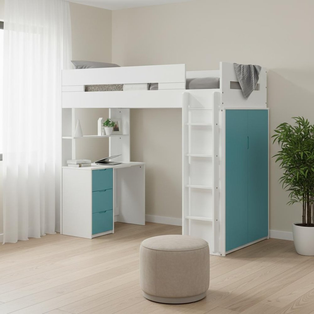 White And Natural Twin Loft Bed And Desk