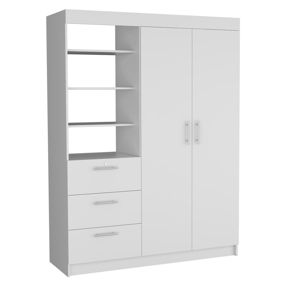 79" White Wood Two Door Three Drawer Combo Dresser