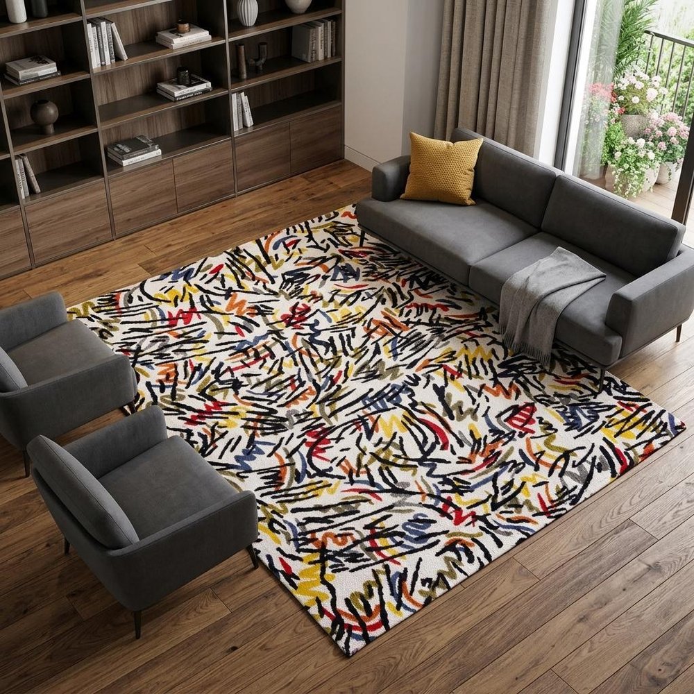 9' X 13' White Abstract Non Skid Area Rug
