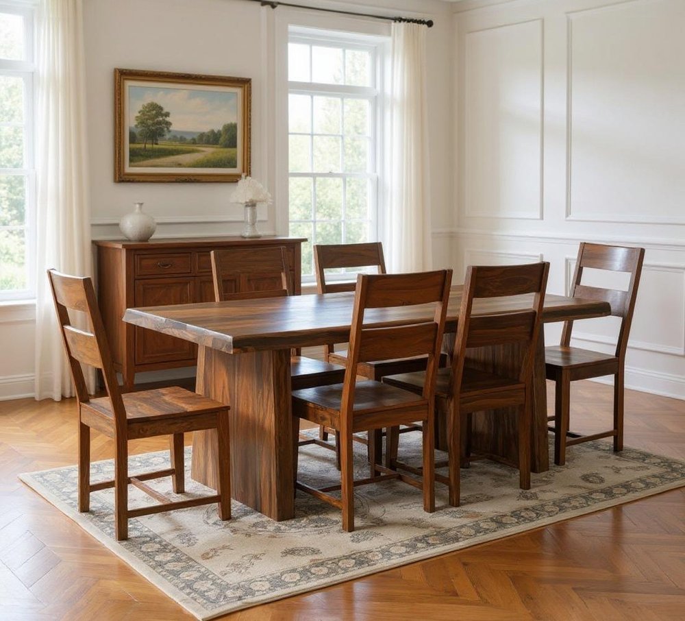 Seven Piece Brown Solid Wood Dining Set with Six Chairs