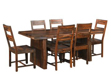 Seven Piece Brown Solid Wood Dining Set with Six Chairs
