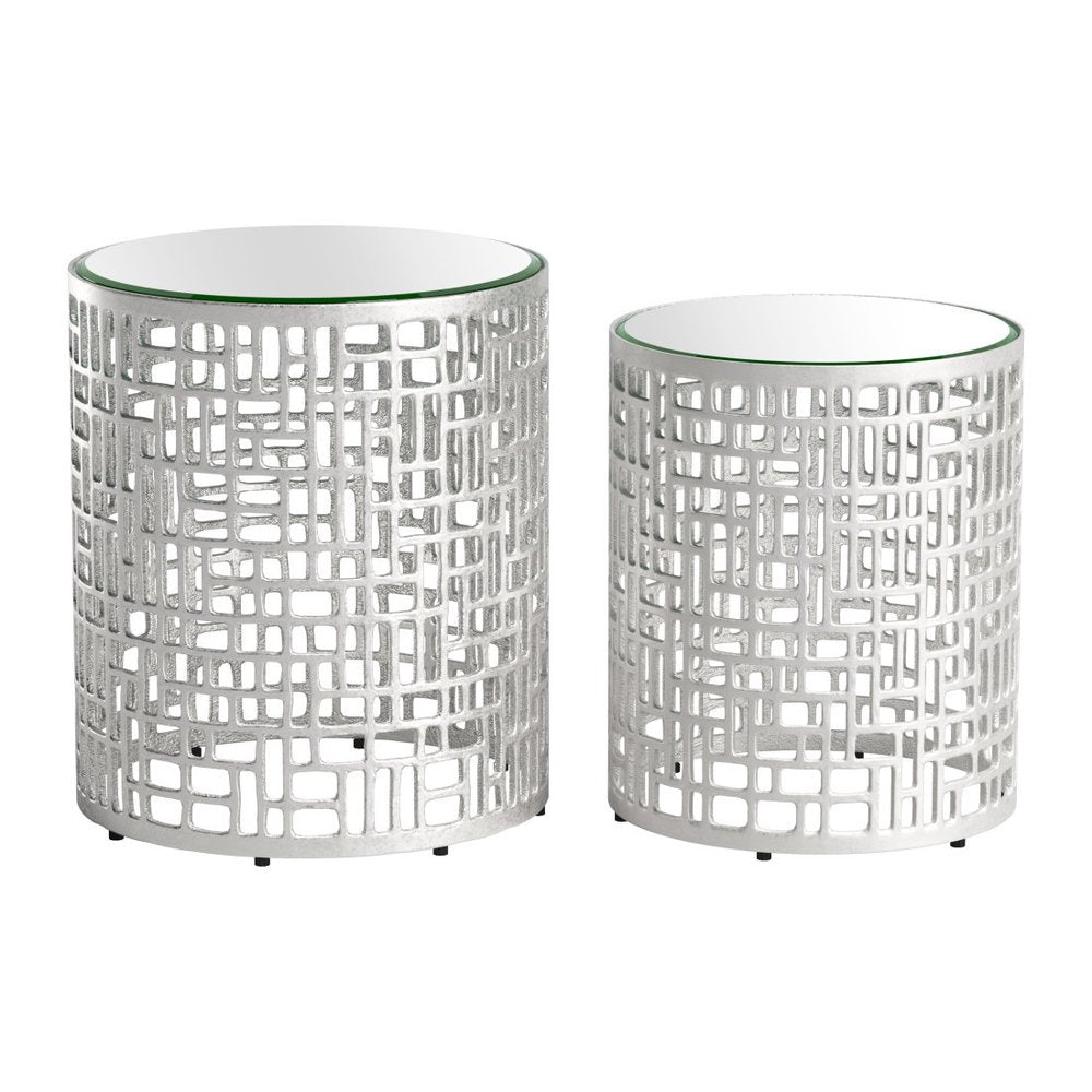 Set of Two Silver and Mirrored Glass Round Drum End Tables