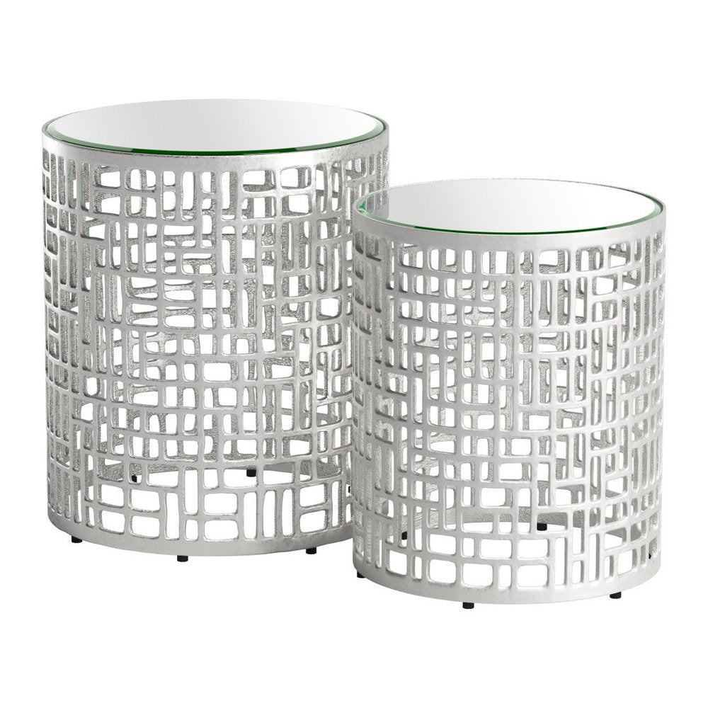 Set of Two Silver and Mirrored Glass Round Drum End Tables
