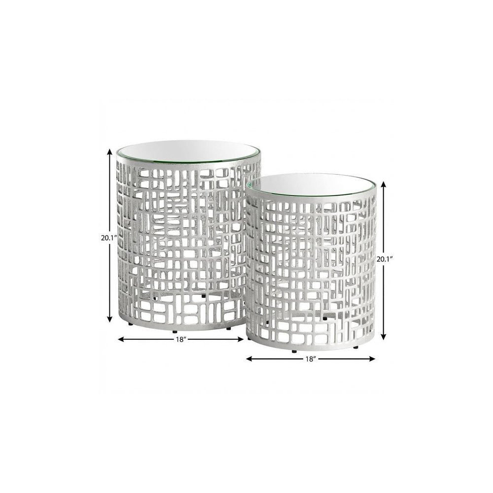 Set of Two Silver and Mirrored Glass Round Drum End Tables