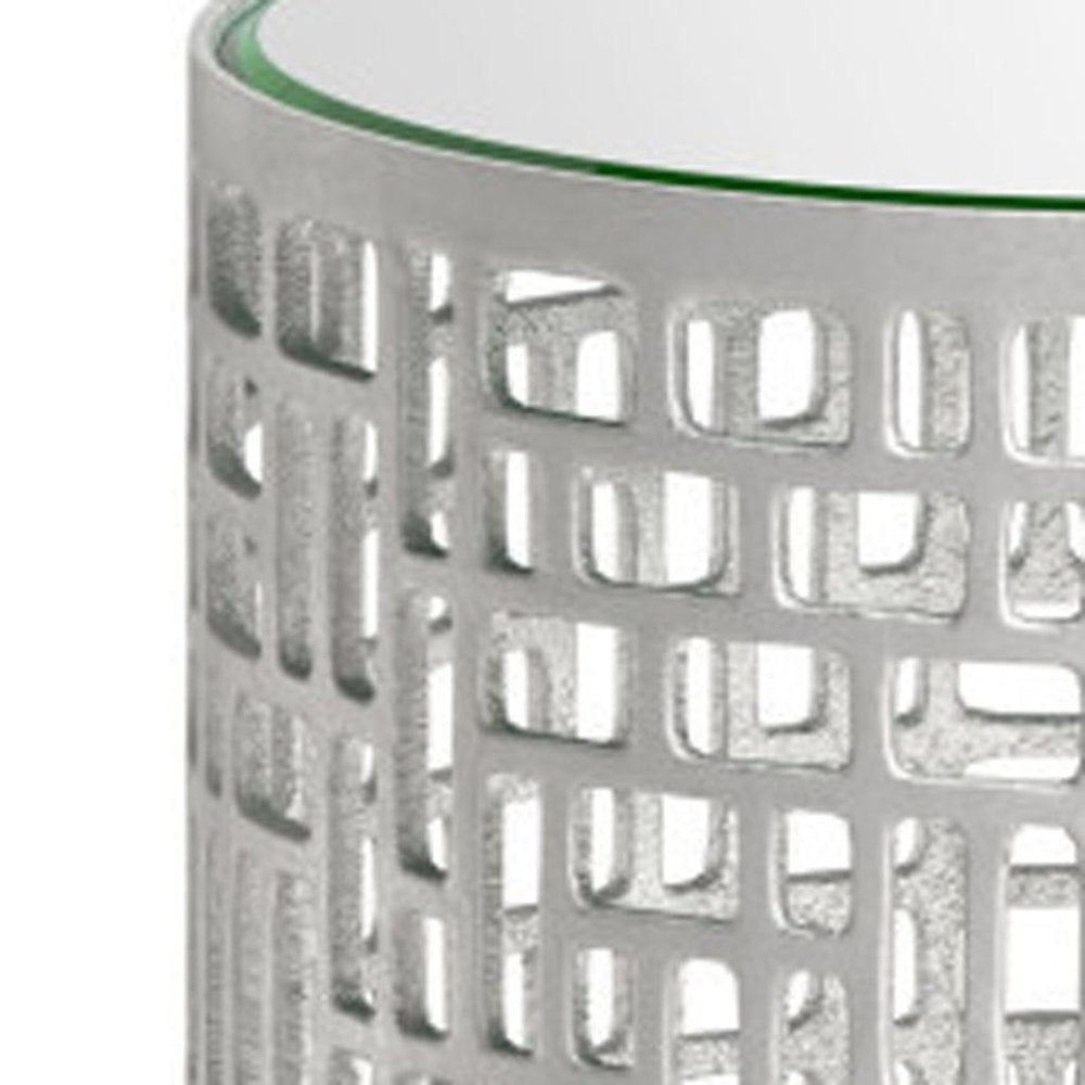 Set of Two Silver and Mirrored Glass Round Drum End Tables