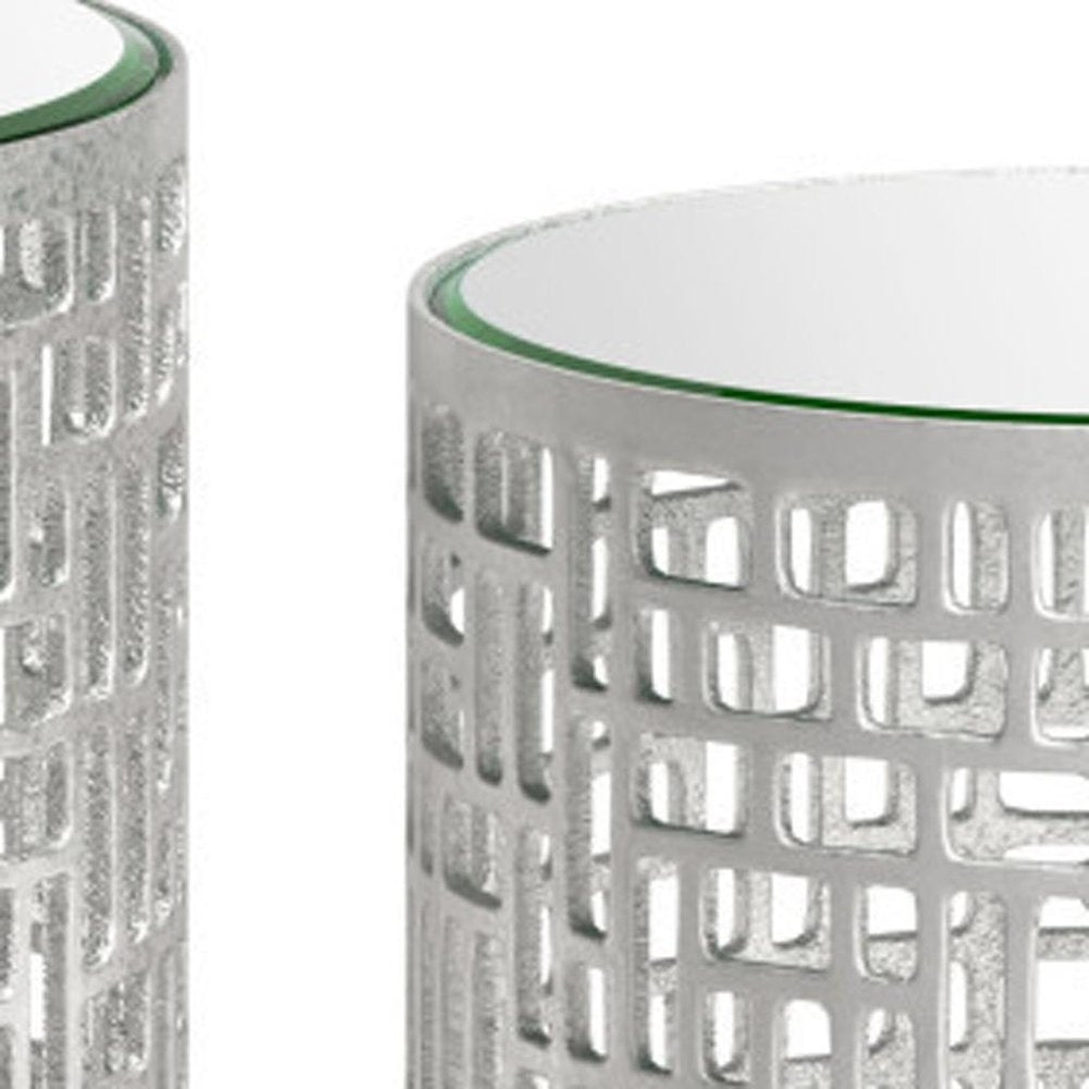 Set of Two Silver and Mirrored Glass Round Drum End Tables
