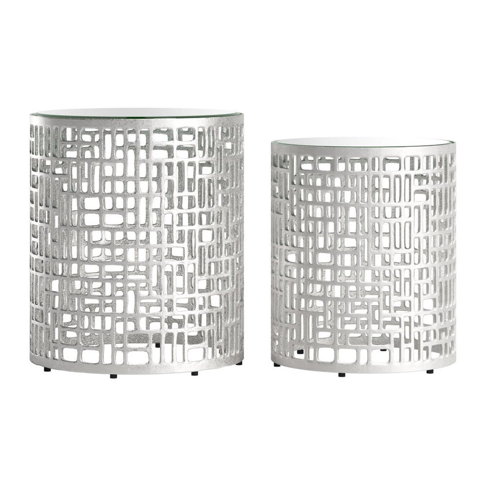Set of Two Silver and Mirrored Glass Round Drum End Tables