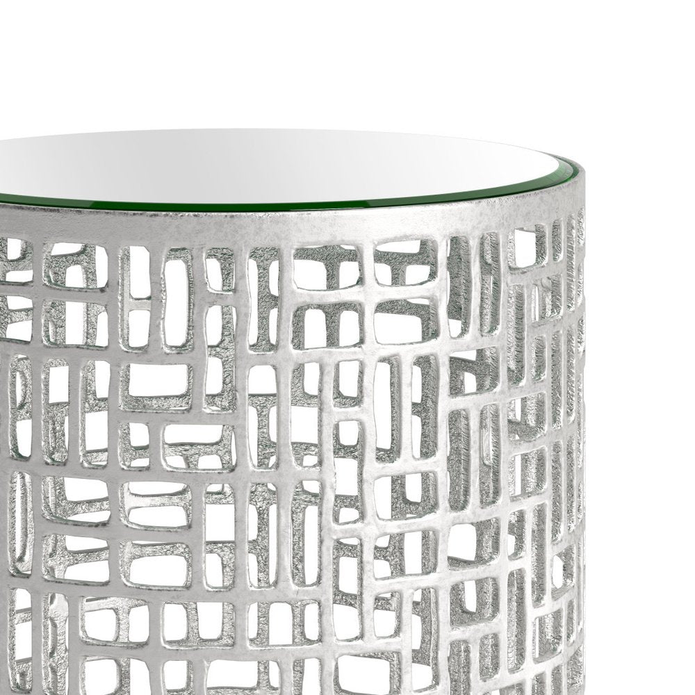 Set of Two Silver and Mirrored Glass Round Drum End Tables