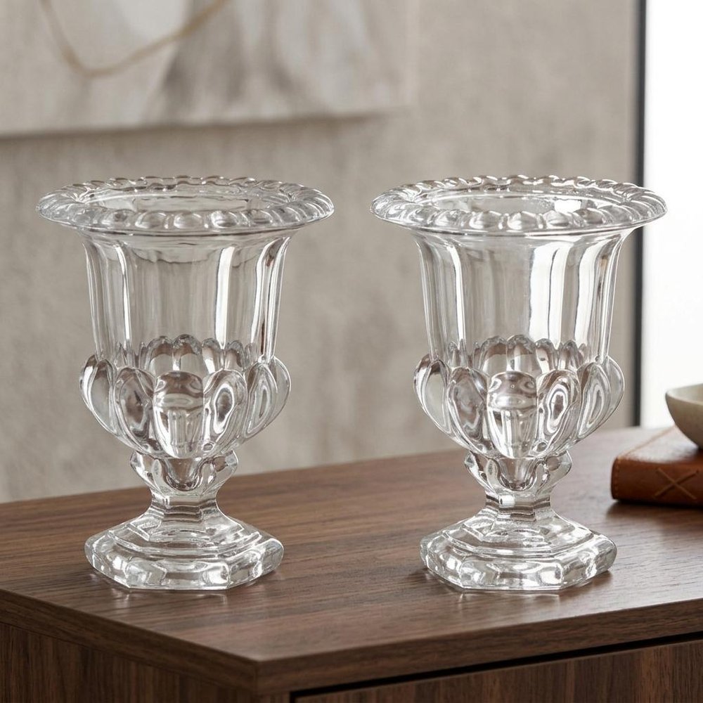 Set of Two Clear Glass Urn Table Vases