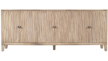 92" Ivory Distressed Reclaimed Wood Carved Geometric Sideboard With Six Doors