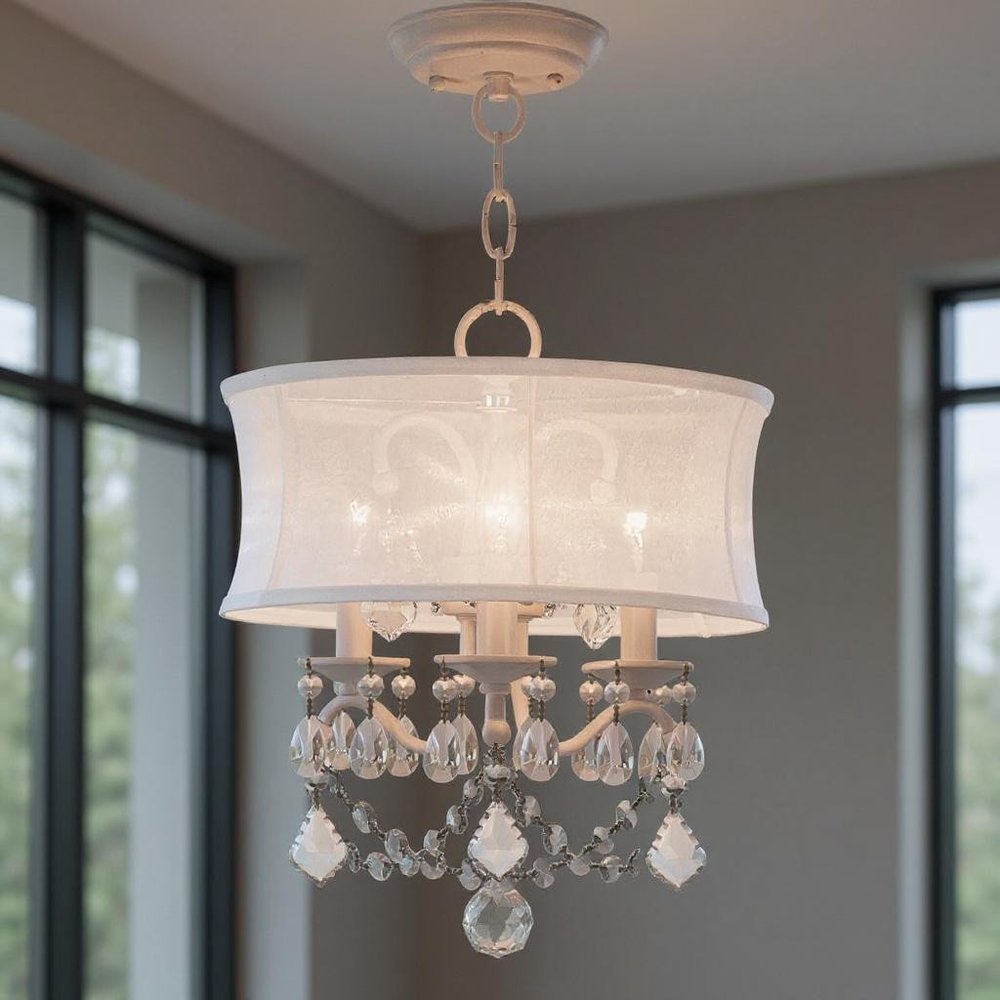 White Three Light Metal Dimmable Chandelier With Shades