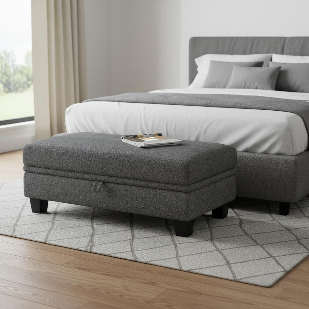 46" Light Gray And Black Chenille Ottoman With Storage