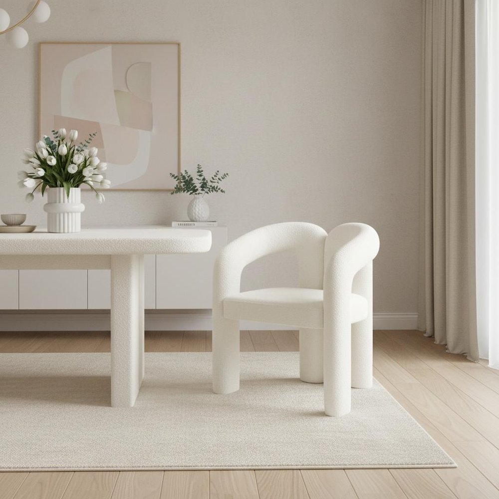 White Boucle Partially Open Back Dining Arm Chair