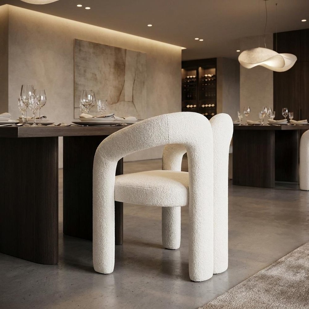 White Boucle Partially Open Back Dining Arm Chair