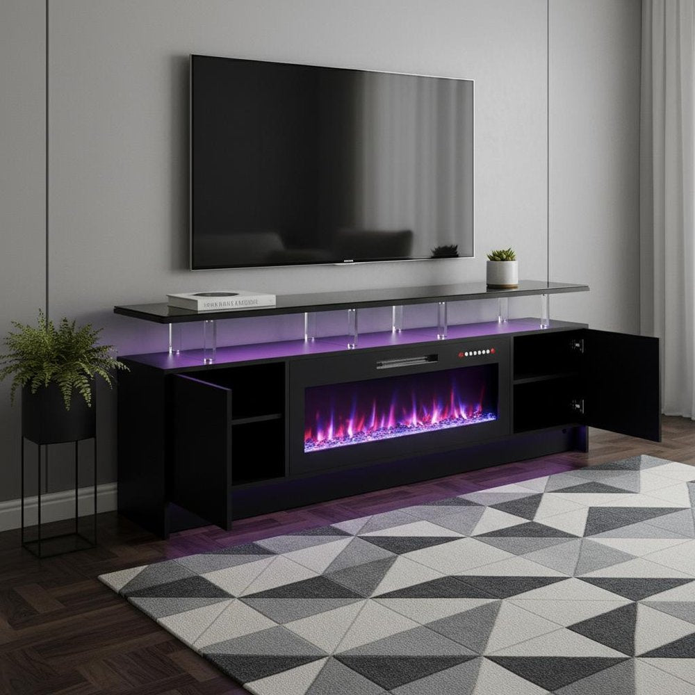 80" Black Wood Entertainment Center With Fireplace